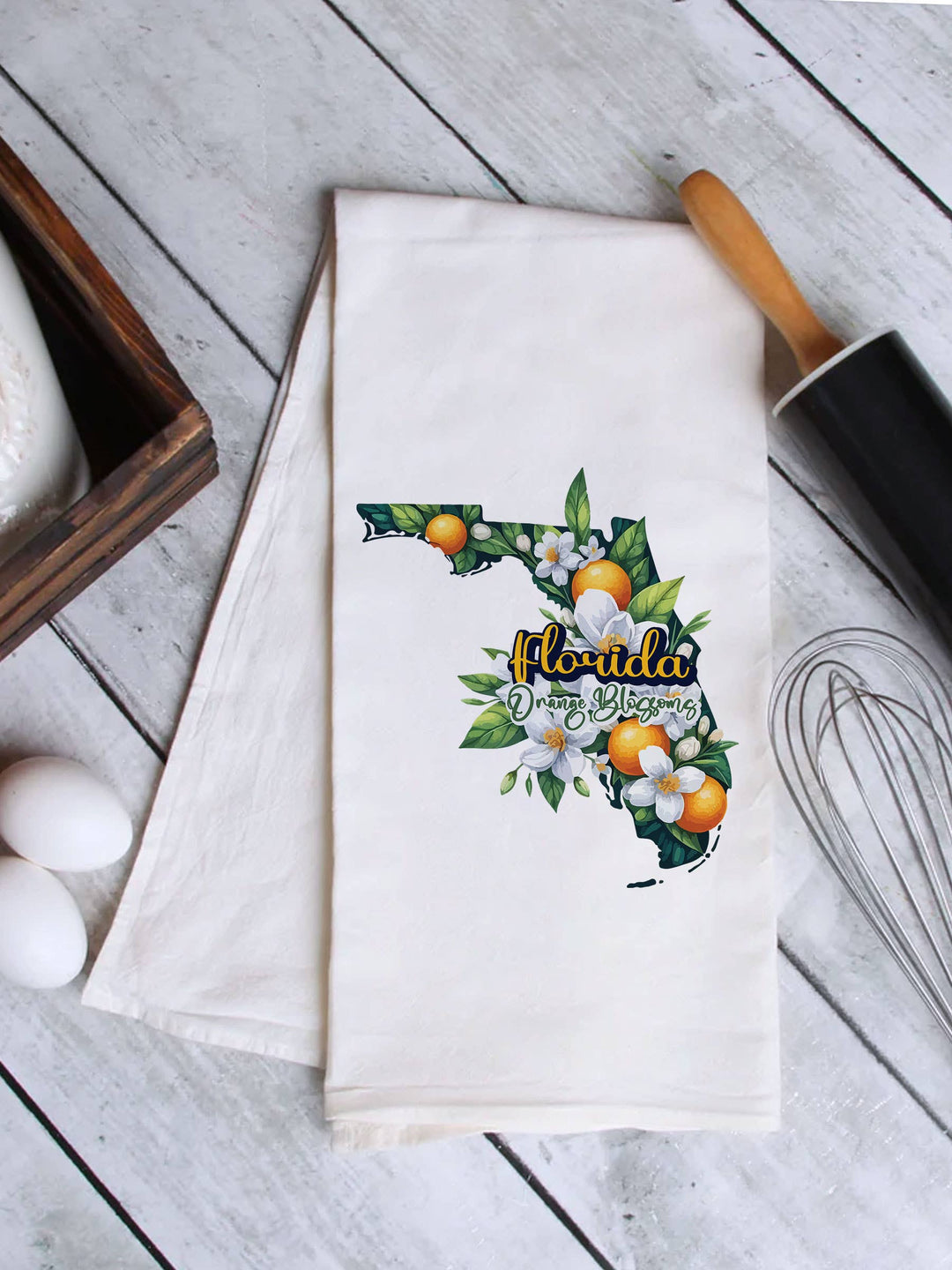 "Florida State Flower Orange Blossom" design on a white 28 x 28 inch flour sack tea towel
