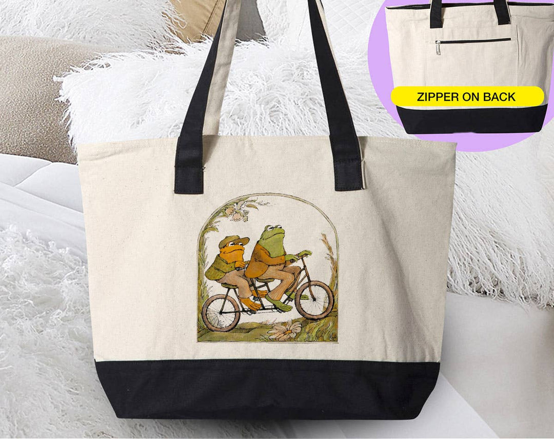"Frog And Toad" design on a natural canvas zippered tote bag