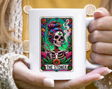 "The Stoner Tarot Skeleton Cannabis" design on a white ceramic coffee mug
