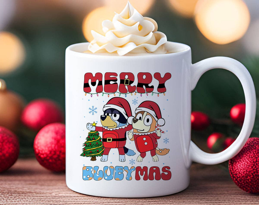 "Dog Friends Bingo" Christmas design on a white coffee mug