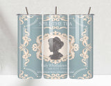 "Bridgerton Lady Whistledown Tea House" design on a 20 oz skinny tumbler with lid and straw