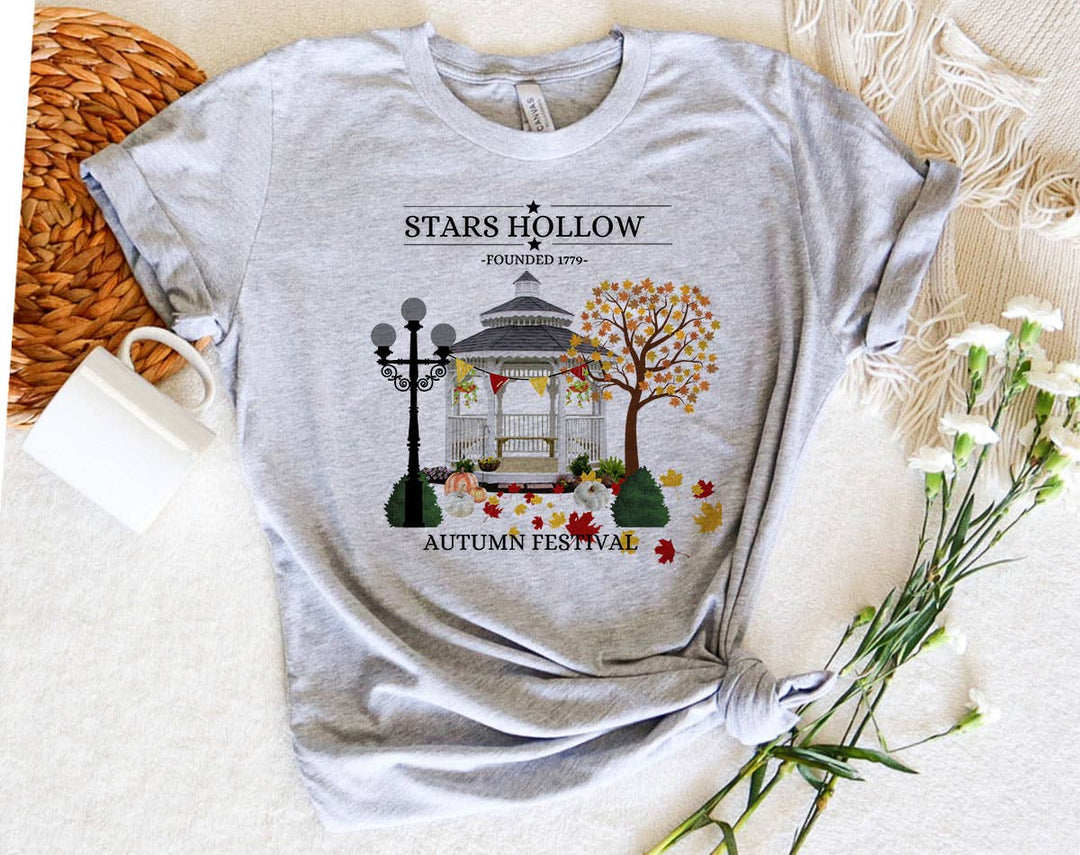 "Stars Hollow Fall" design on a heather gray unisex t-shirt