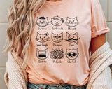 "Artistic Cat Painters Warhol Da Vinci Dali" design on a peach unisex t-shirt