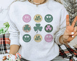 "St Pats Retro Circles" design on an ash gray unisex crewneck sweatshirt