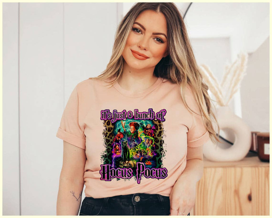 "It's Just A Bunch Of Hocus Pocus" design on a peach unisex t-shirt