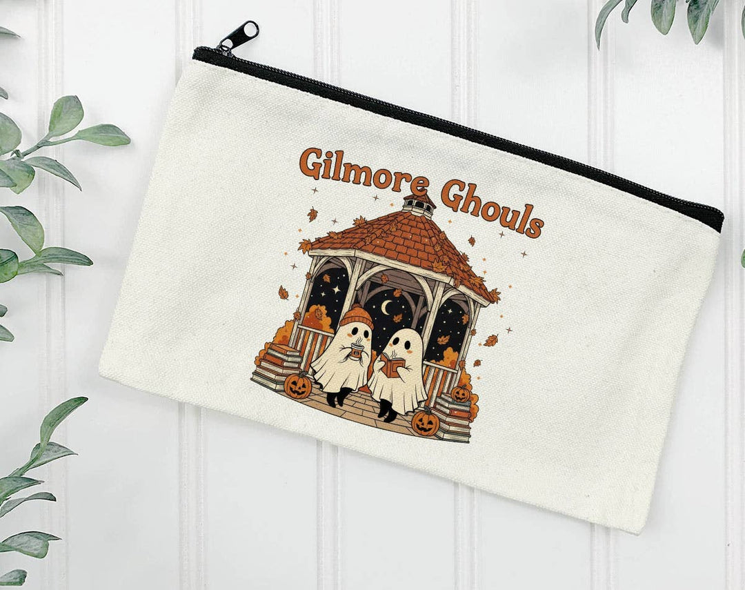 "Gilmore Ghouls" design on a natural canvas zipper makeup bag