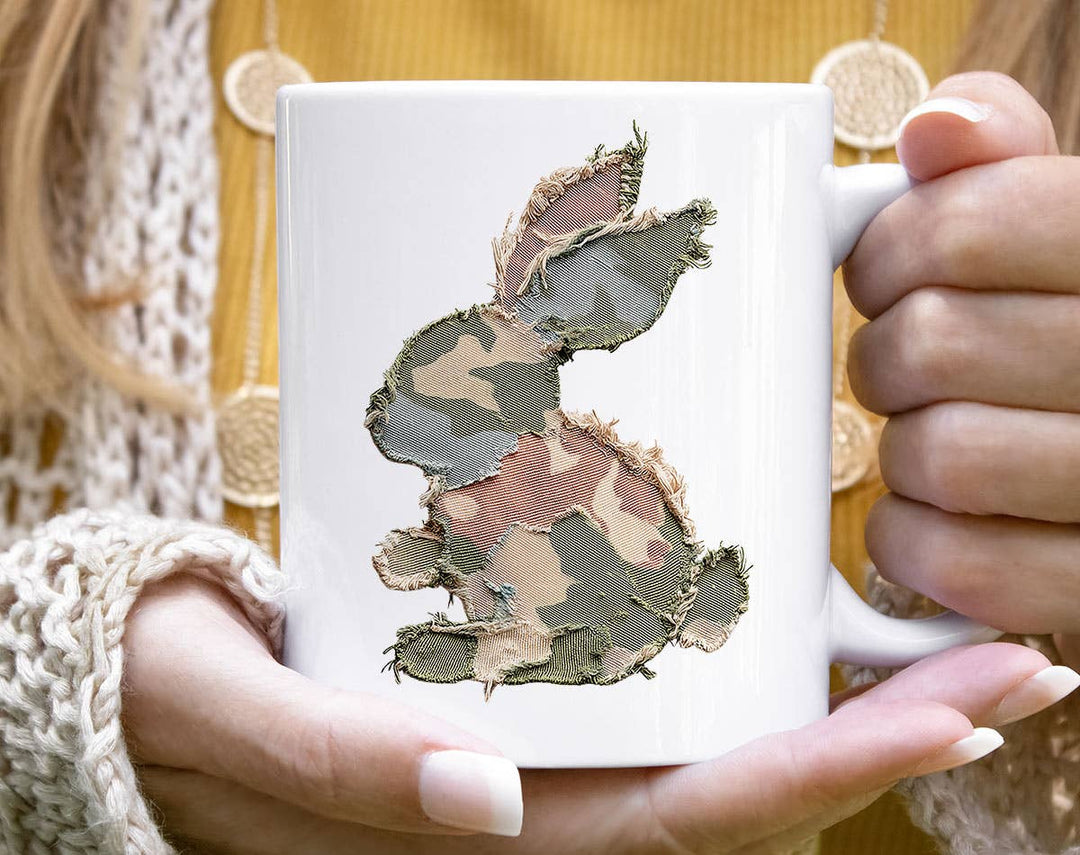 "Camo Bunny Patchwork" design on a white ceramic coffee mug