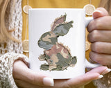 "Camo Bunny Patchwork" design on a white ceramic coffee mug
