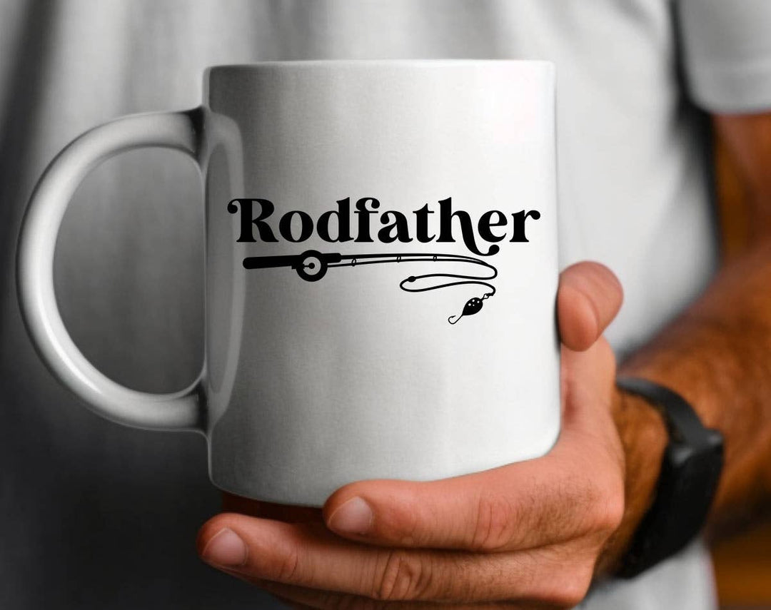 "Rodfather" design on a white ceramic coffee mug