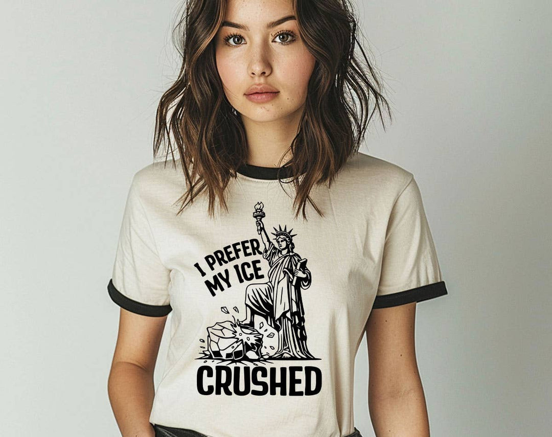 "I Prefer My Ice Crushed" design on a natural ringer t-shirt with black contrast trim