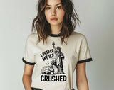"I Prefer My Ice Crushed" design on a natural ringer t-shirt with black contrast trim