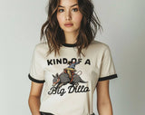 "Kind Of A Big Dilla Armadillo" design on a natural ringer t-shirt with black contrast trim