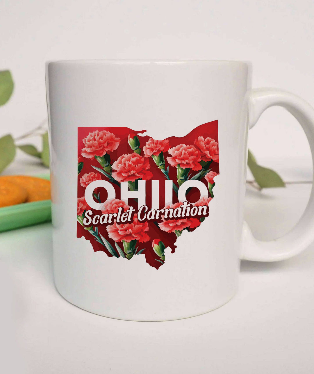 "Ohio State Flower Scarlet Carnation" design on a white ceramic coffee mug