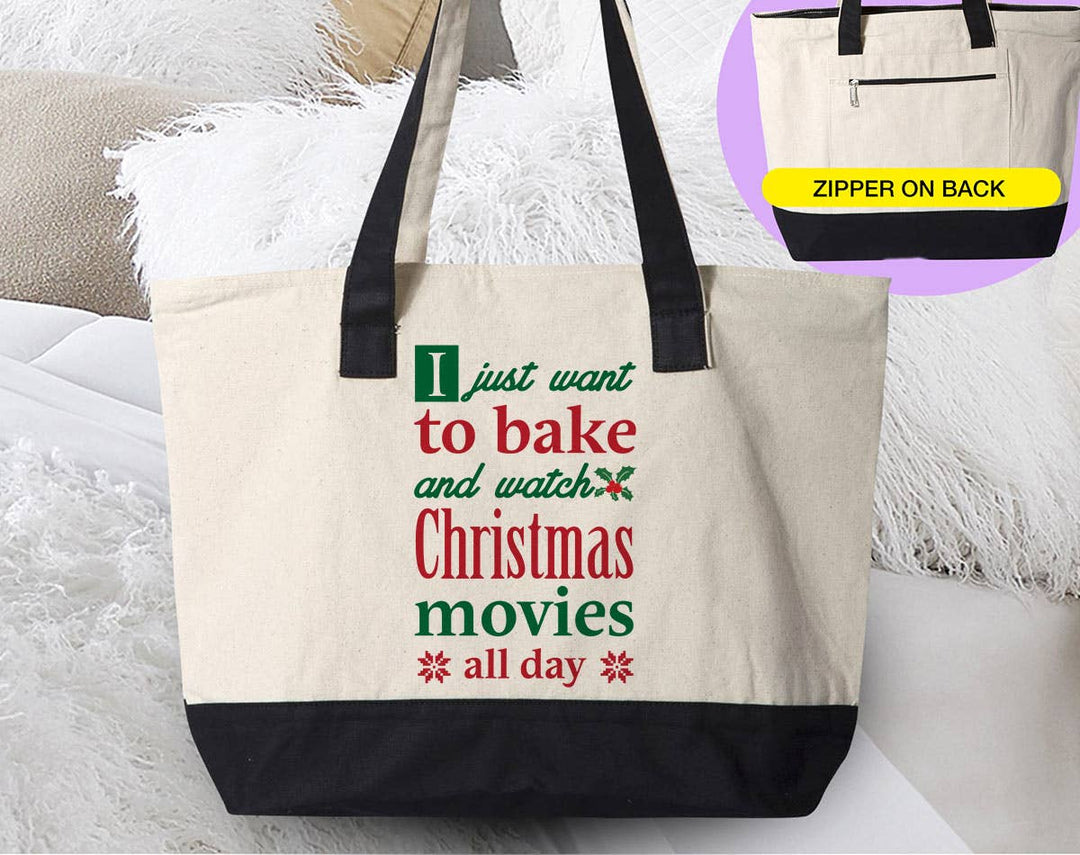 "Want to Bake & Watch Christmas Movies" design on a natural canvas zippered tote bag