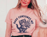 "Rage Consumes Me Kitten" design on a peach unisex t-shirt