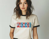 "F*ck ICE Abolish ICE" design on a natural ringer t-shirt with black contrast trim