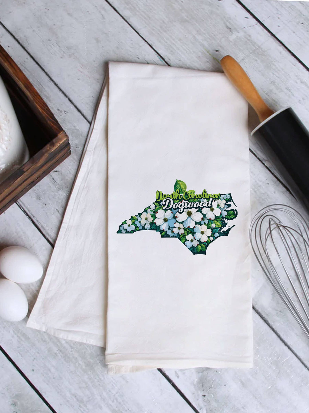 "North Carolina State Flower Dogwood" design on a white 28 x 28 inch flour sack tea towel
