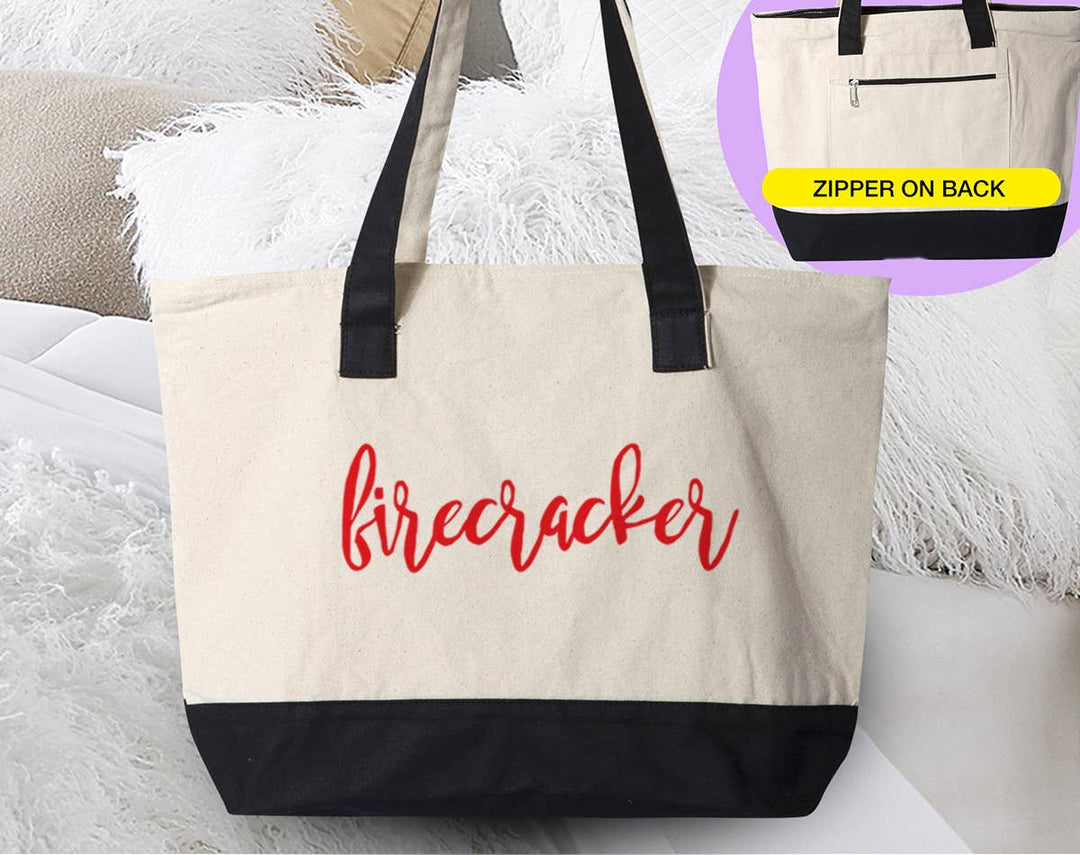 "4th of July" design on a natural canvas zippered tote bag