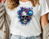 "Floral Blue Skull" design on a white unisex t-shirt