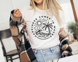 "Happiness Comes In Waves" design on a white unisex t-shirt