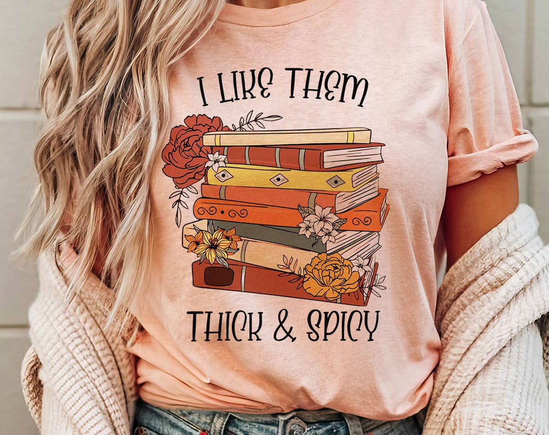 "I Like Them Thick & Spicy" design on a peach unisex t-shirt