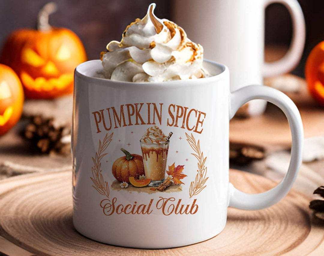 "Pumpkin Spice Social Club" Halloween design on a white coffee mug