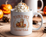 "Pumpkin Spice Social Club" Halloween design on a white coffee mug