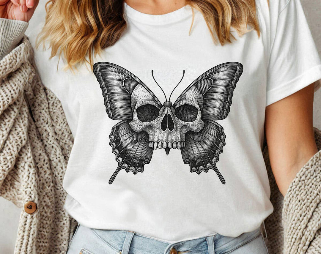 "Skull Butterfly Gothic Moth" design on a white unisex t-shirt
