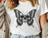 "Skull Butterfly Gothic Moth" design on a white unisex t-shirt