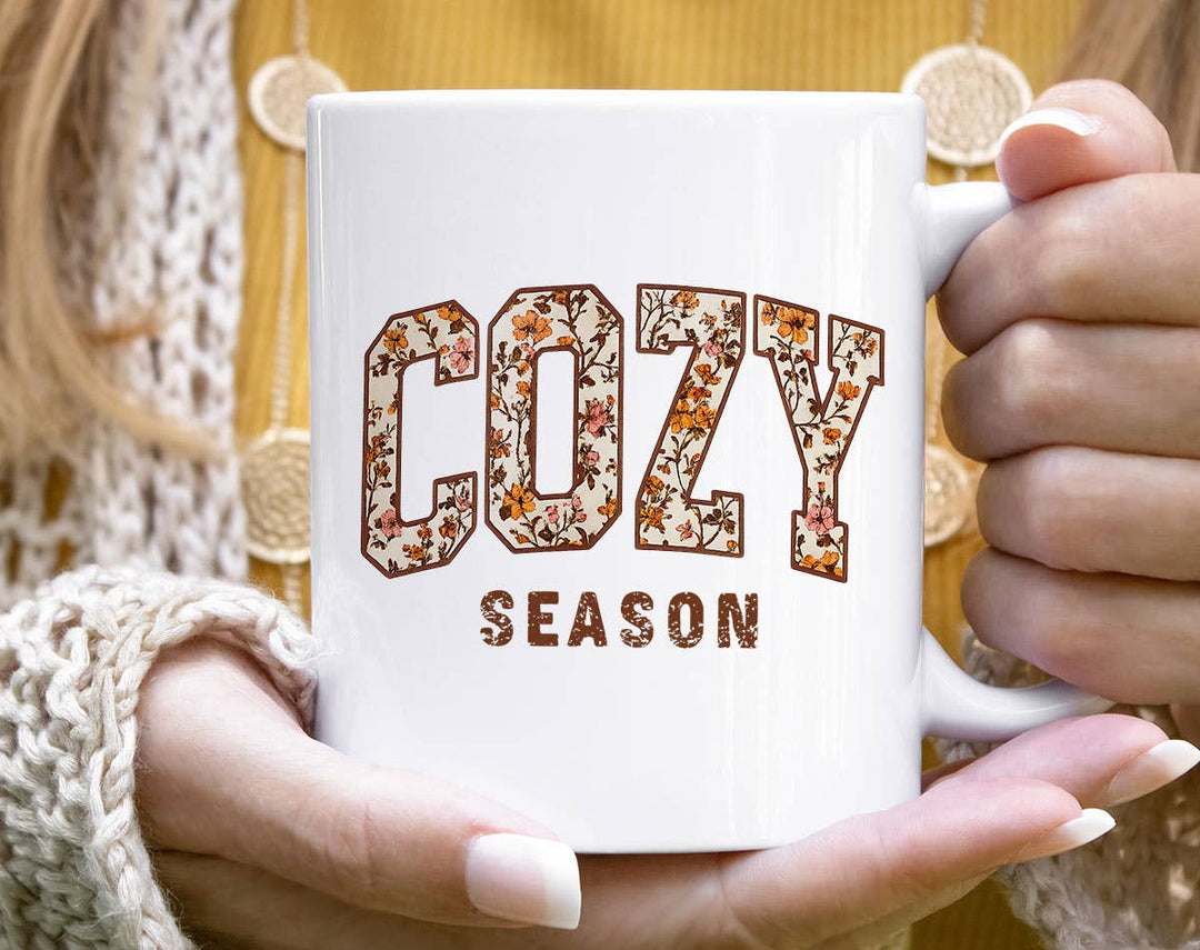 "Cozy Season Fall Leaves" fall design on a white coffee mug