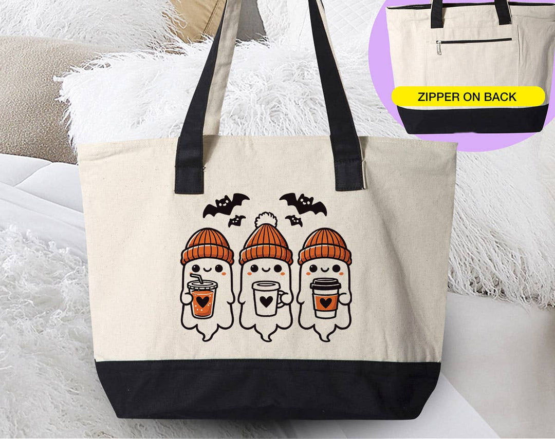 "Three Cute Ghost's Drinking Coffee" design on a natural canvas zippered tote bag