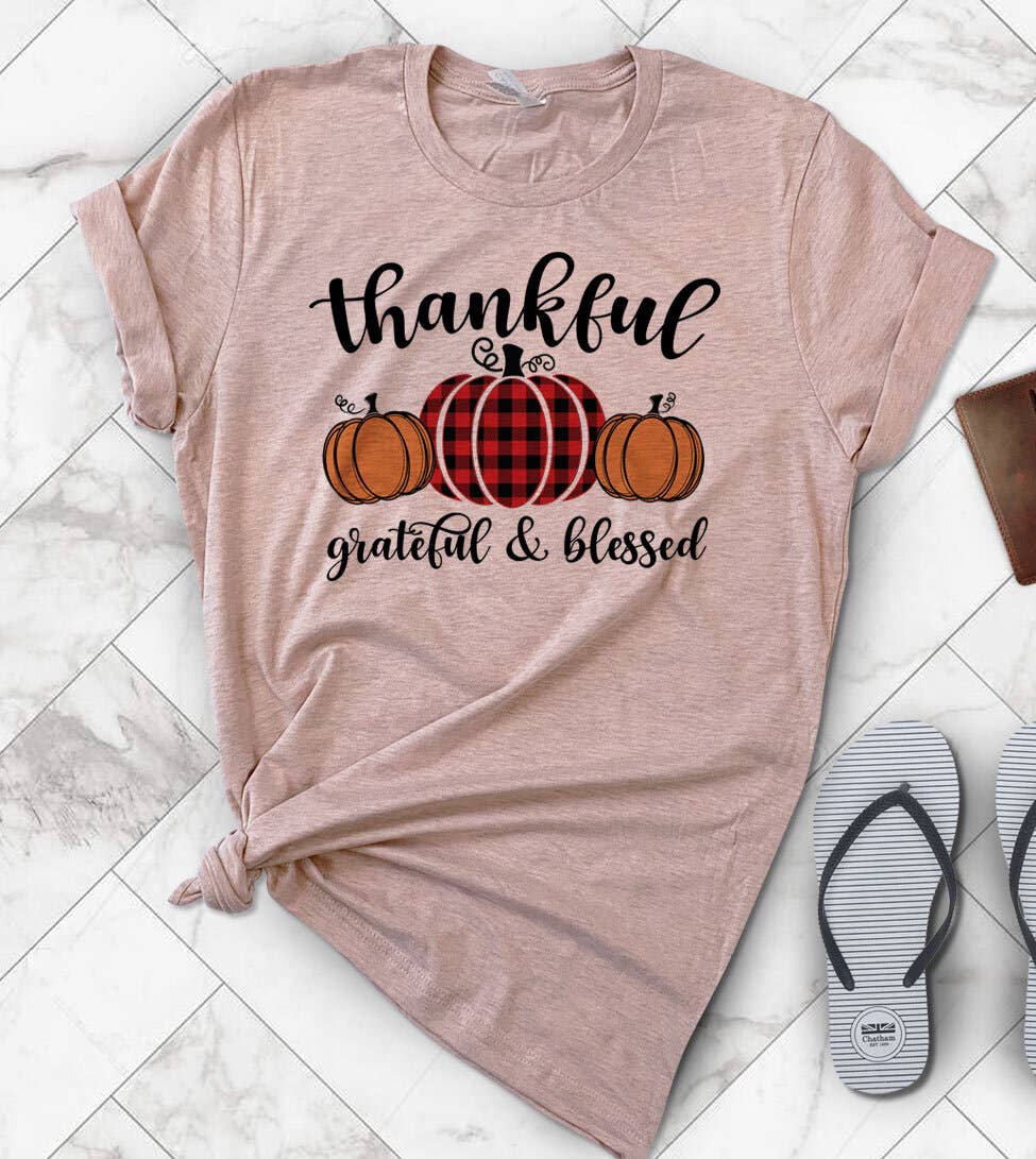 "Thankful Grateful Blessed" design on a peach unisex t-shirt