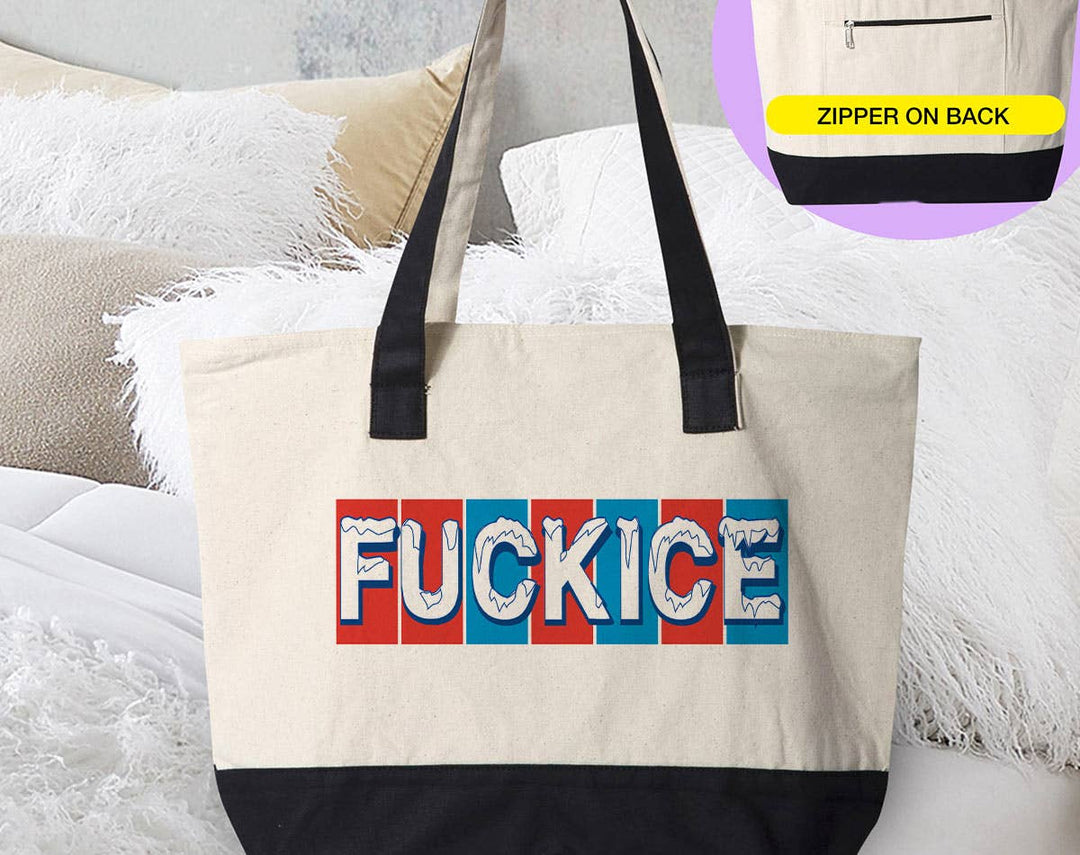 "Fuck Ice Abolish Ice" design on a natural canvas zippered tote bag