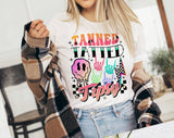 "Tanned Tatted Tipsy" design on a white unisex t-shirt