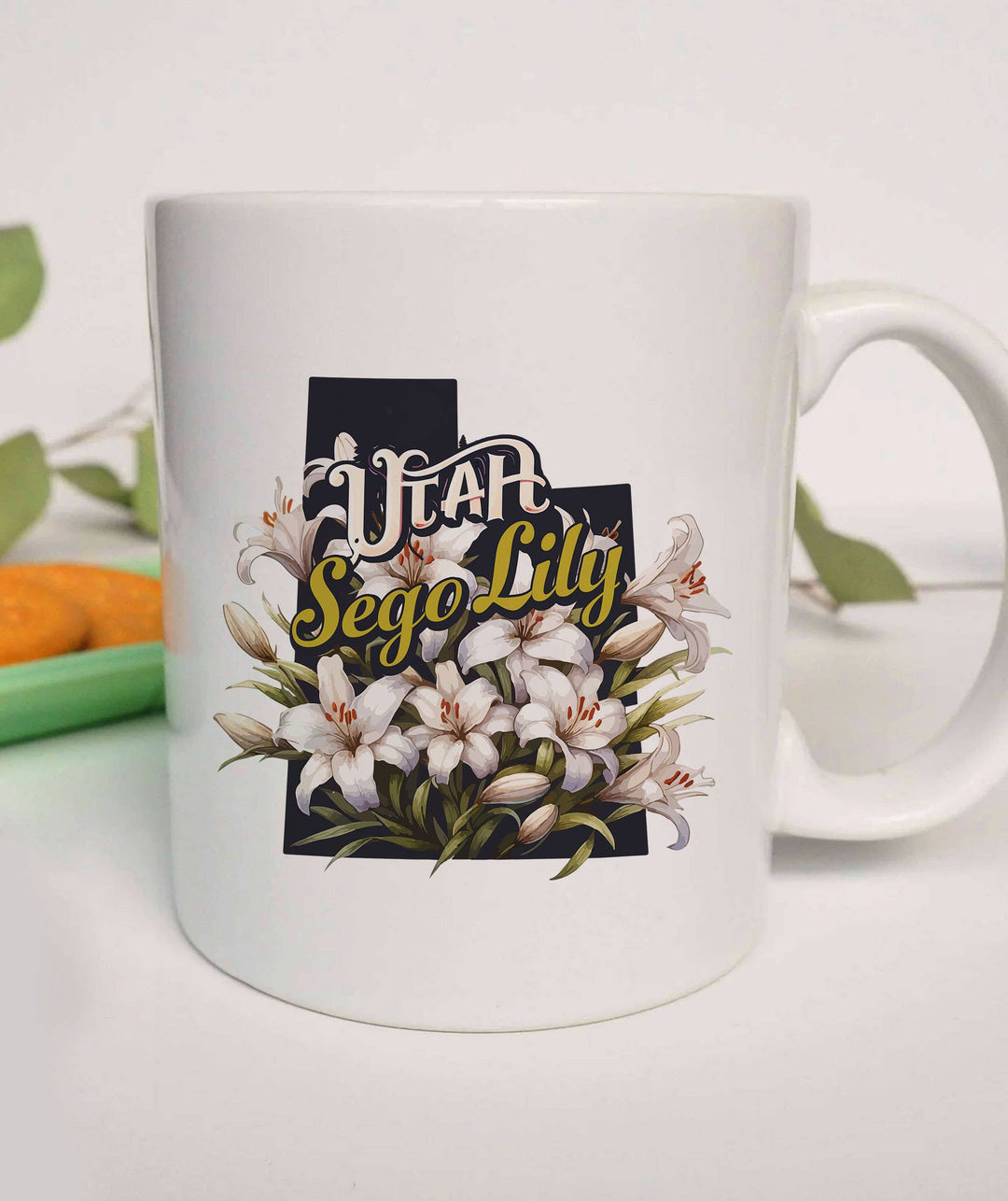 "Utah State Flower Sego Lily" design on a white ceramic coffee mug