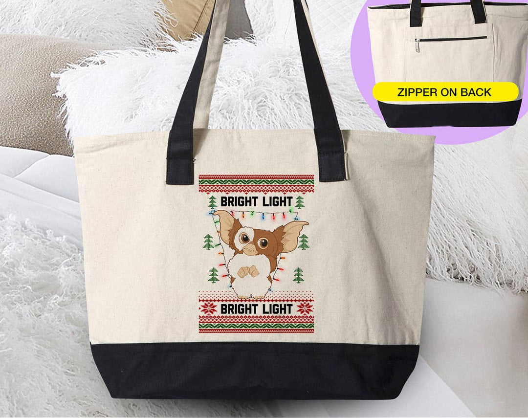 "Bright Light Gizmo" design on a natural canvas zippered tote bag