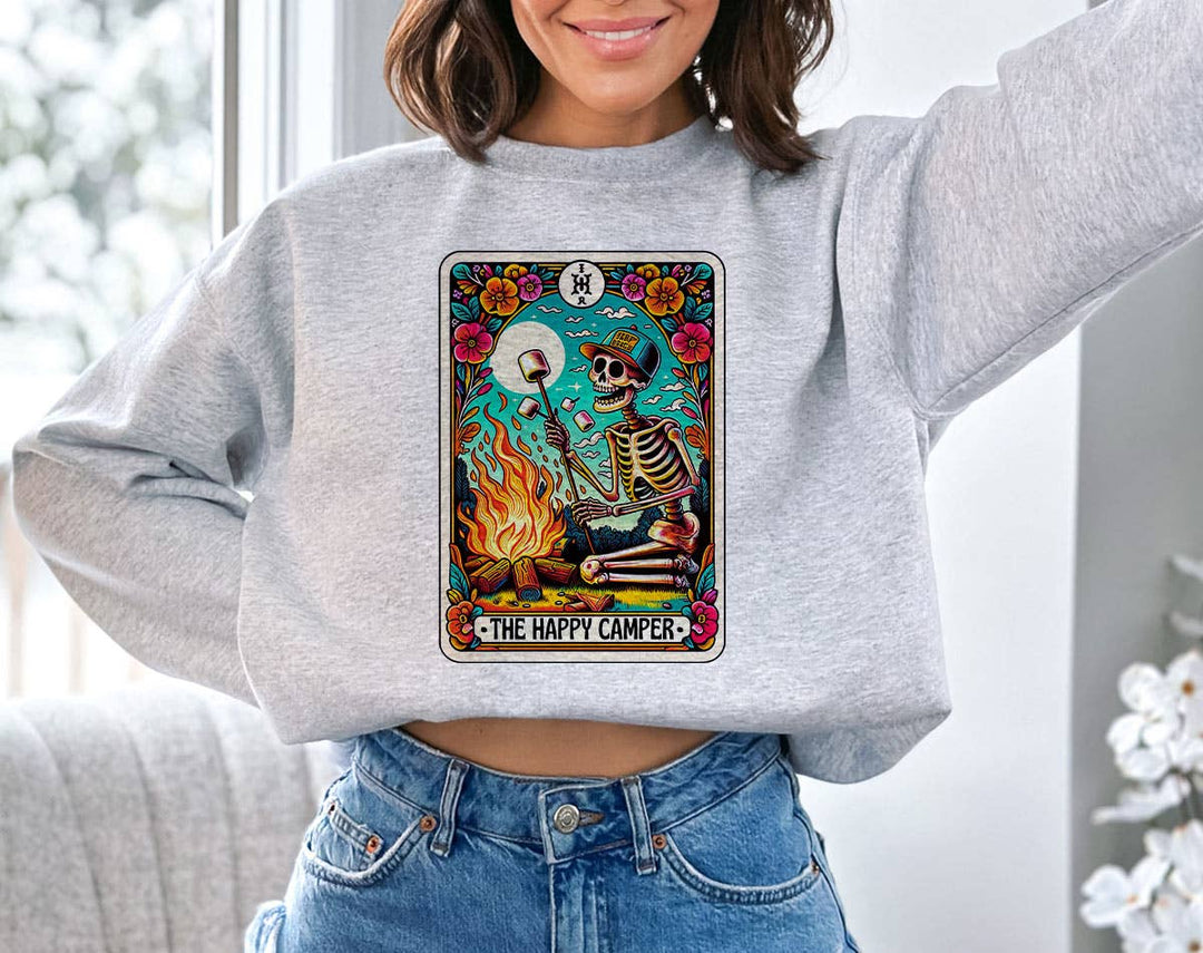 "The Happy Camper Tarot" design on an ash gray unisex crewneck sweatshirt