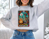 "The Happy Camper Tarot" design on an ash gray unisex crewneck sweatshirt