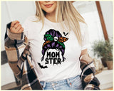 "Mom-ster Leopard Bun" design on a white unisex t-shirt