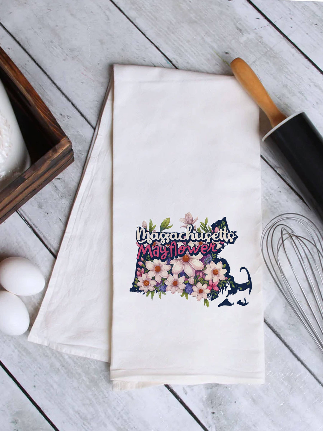 "Massachusetts State Flower Mayflower" design on a white 28 x 28 inch flour sack tea towel