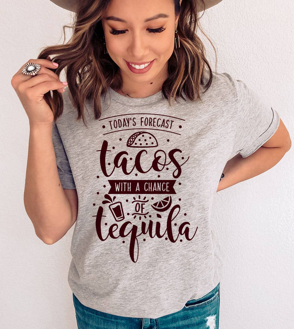 "Today's Forecast Tacos & Margaritas" design on a heather gray unisex t-shirt