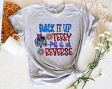 "Back It Up Terry Fireworks" design on a heather gray unisex t-shirt