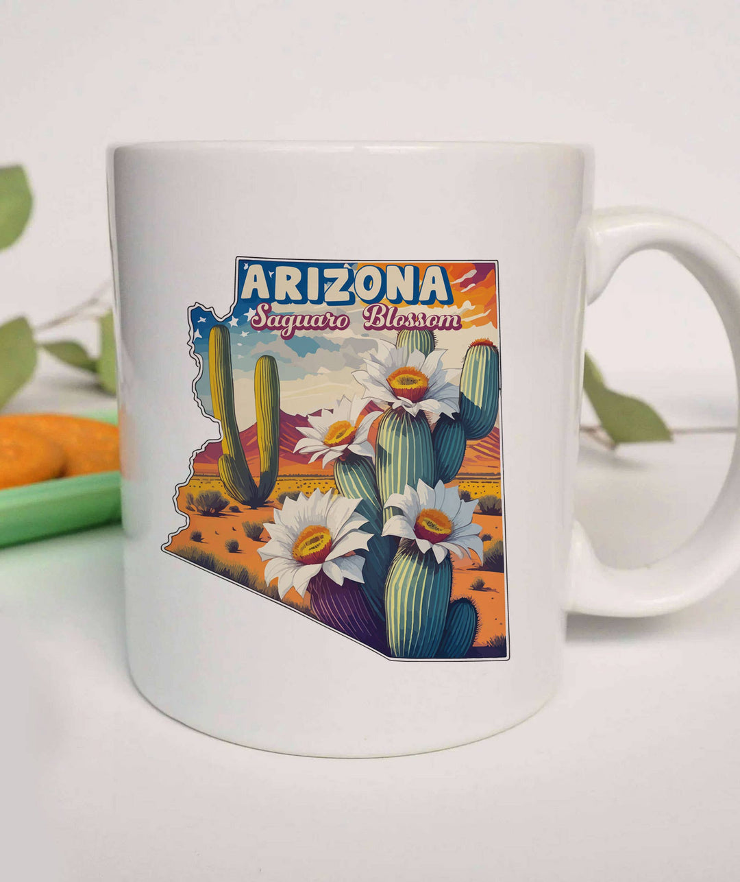 "Arizona State Flower Saguaro Blossom" design on a white ceramic coffee mug