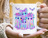 "Iridescent Ghost Bow" Halloween design on a white coffee mug
