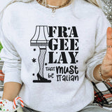 "Frageelay A Christmas Story" design on an ash gray unisex crewneck sweatshirt