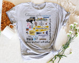 "Gilmore Girls Stars Hollow Collage" design on a heather gray unisex t-shirt
