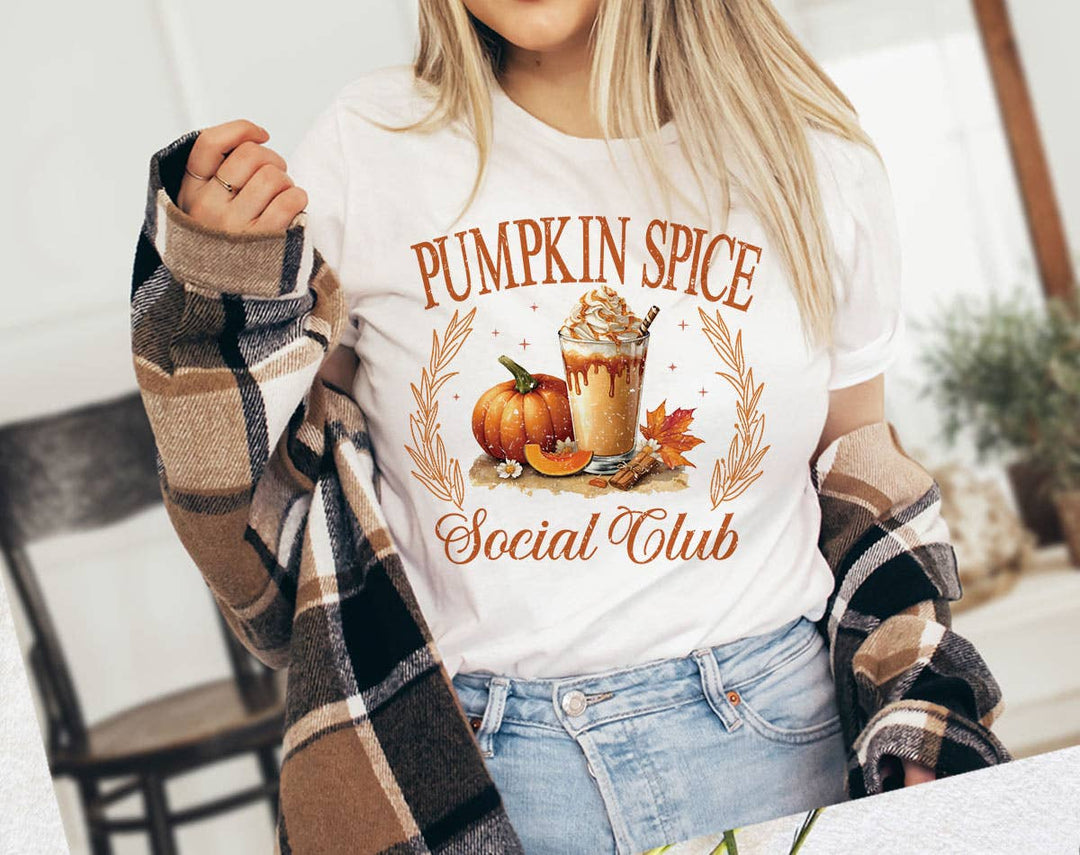 "Pumpkin Spice Social Club" design on a white unisex t-shirt