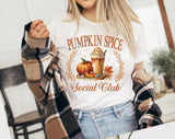 "Pumpkin Spice Social Club" design on a white unisex t-shirt