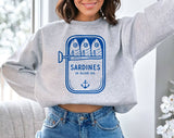 "Sardines Blue Tin Fish" design on an ash gray unisex crewneck sweatshirt