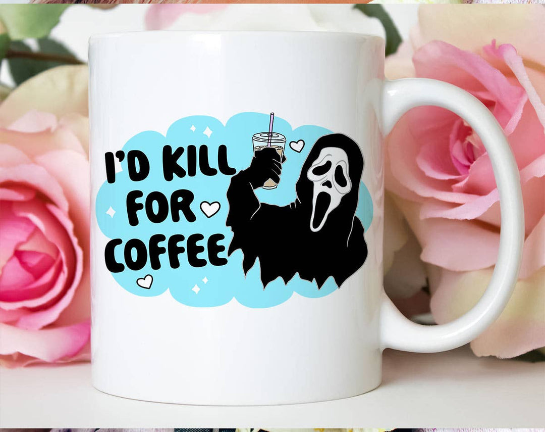 "I'd Kill For Some Coffee" Halloween design on a white coffee mug